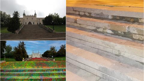 Lublin. Schody prowadzące do zamku zostały pomalowane w ramach tworzenia instalacji artystycznej (materiał z 29.11.2022)
