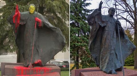 Policja o zatrzymaniu 25-latka w związku ze sprawą zniszczenia pomnika Jana Pawła II