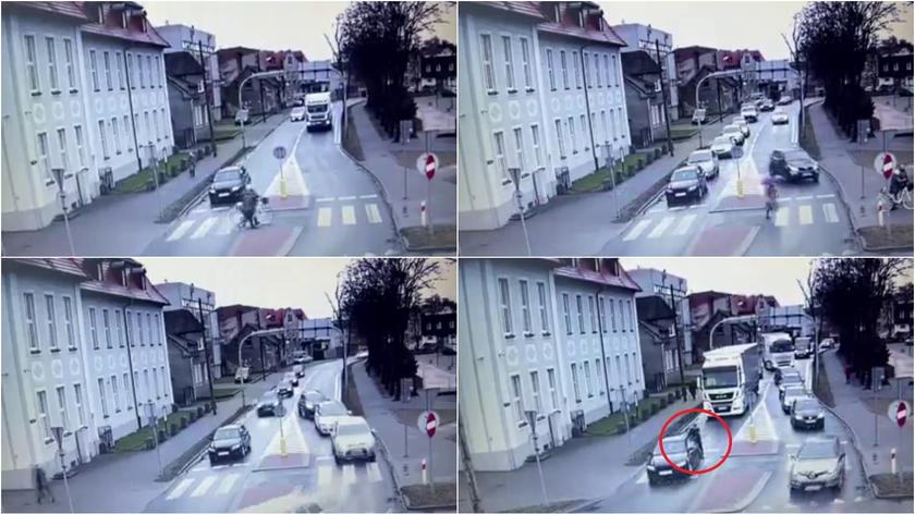 Kobieta utknęła w zepsutym samochodzie, pomógł policjant (wideo przyspieszone, bez dźwięku)