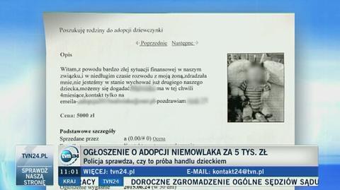 Ogłoszenie o adopcji niemowlaka za 5 tys. zł