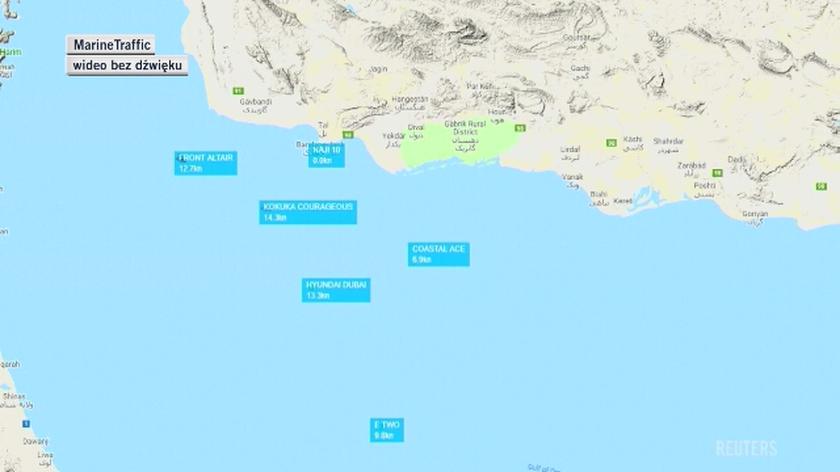 Przebieg wydarzeń po ataku na tankowce w Zatoce Omańskiej. Na wideo widoczne również statki ratunkowe