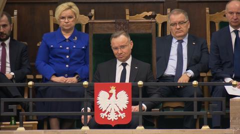 Prezydent Andrzej Duda podczas wystąpienia szefa MSZ Radosława Sikorskiego w Sejmie 