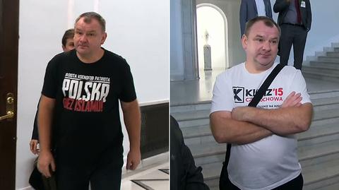 Mężczyzna w koszulce "Rasista. Ksenofob. Patriota. Polska bez islamu!" w Sejmie