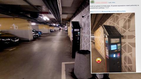 Parkomaty z panelami słonecznymi na podziemnym parkingu w Łodzi