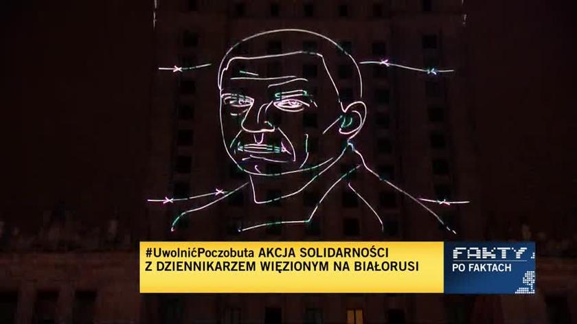 Akcja #UwolnićPoczobuta w Warszawie. Wizerunek polskiego dziennikarza wyświetlony na budynku PKiN 