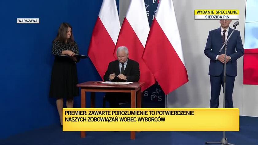 Jarosław Kaczyński, Jarosław Gowin i Zbigniew Ziobro podpisali nową umowę koalicyjną