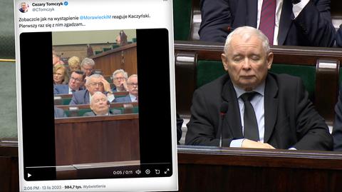 Jarosław Kaczyński podczas przemówienia prezydenta w Sejmie