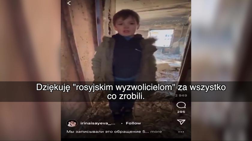 Siedmioletni Makar, stojący w ruinach swojego domu, zwraca się do "rosyjskich wyzwolicieli"