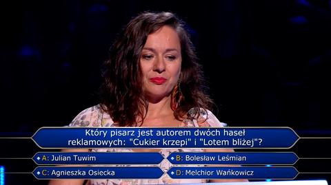 Który pisarz jest autorem dwóch haseł reklamowych: "Cukier krzepi" i "Lotem bliżej"? Pytanie w "Milionerach" za 125 tys. złotych