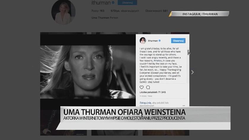 Uma Thurman oskarża Harveya Weinsteina o molestowanie seksualne 