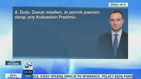 Andrzej Duda powiedział, że pomnik ofiar katastrofy smoleńskiej powinien stanąć przed Pałacem Prezydenckim