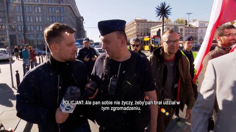 Reporter "Czarno na białym" Artur Warcholiński usiłował zadać pytania Robertowi Bąkiewiczowi