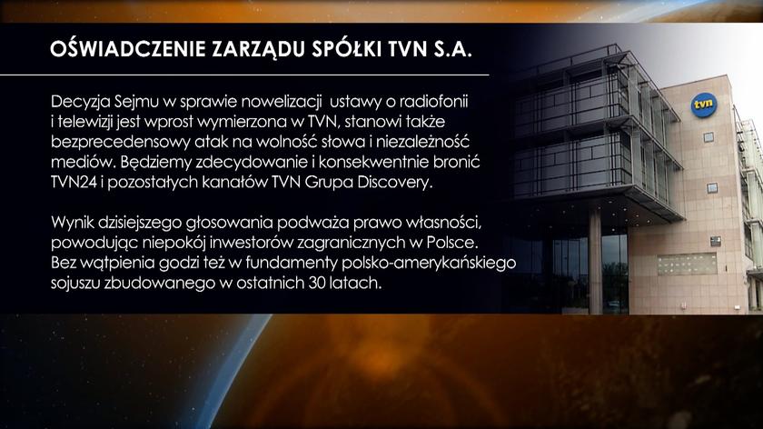 Oświadczenie zarządu TVN w związku z uchwaleniem w Sejmie ustawy anty-TVN