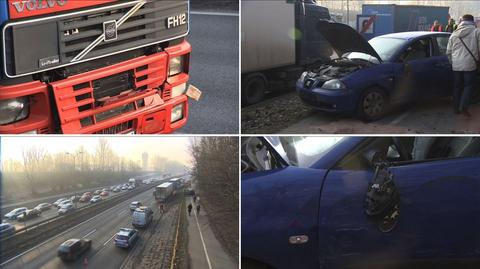 Wypadek w Katowicach. Zepchnął samochód pod ciężarówkę