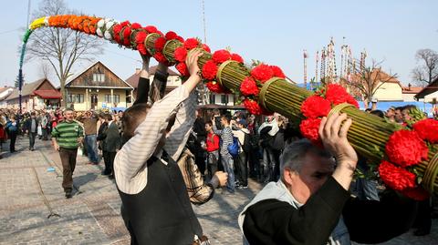 Stawianie rekordowej palmy podczas Konkursu Palm Wielkanocnych w Lipnicy Murowanej (woj. małopolskie)