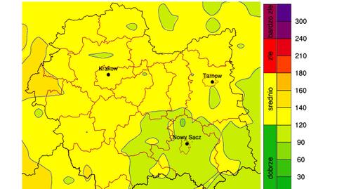 Mapa ilustrująca poziom stężenia ozonu w dniu dzisiejszym