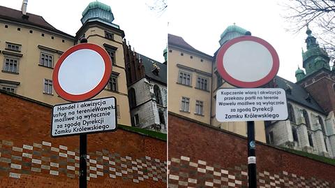 Zazwyczaj na znaku widnieje informacja, że "handel i akwizycja na terenie Wawelu możliwe są wyłącznie za zgoda Dyrekcji Zamku Królewskiego"