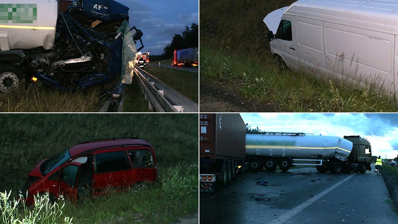 Wypadek pod Miłomłynem na S7. Dwa tiry, bus i samochód