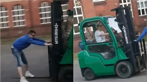 Głogów. Policja szuka mężczyzn, którzy jeździli wózkiem widłowym po boisku