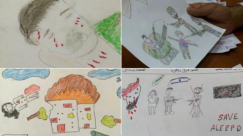 Bombardowania i zniszczone domy na rysunkach dzieci. "To jest ich apel" 