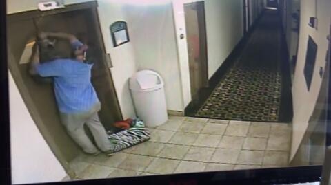 Mężczyzna ratuje psa, którego smycz zatrzasnęła się w drzwiach hotelowej windy