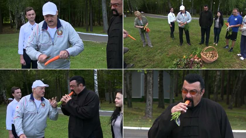 Video (25.08.2016 Steven Seagal odwiedził Alaksanda Łukaszenkę. Podziwiał plony, jadł marchewkę i dostał sztylet)