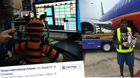 Pluszowy tygrysek Hobbes i jego przygoda na lotnisku w Tampa