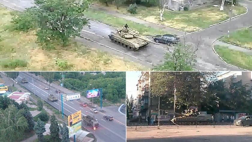 Kolumna czołgów na ulicach miasta Torez