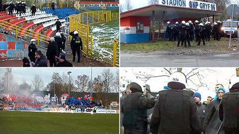 Agresywni kibice na meczu IV ligi piłkarskiej na stadionie w Słupsku