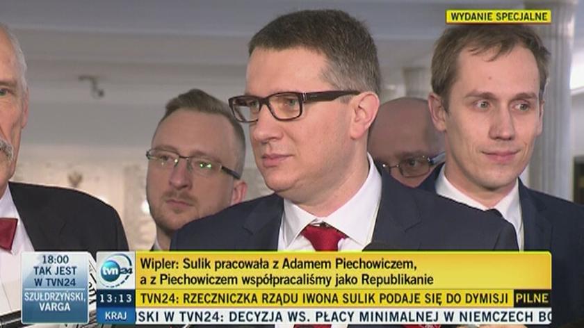 Wipler zaznaczył, że "nie był świadomy, że Iwona Sulik była rzecznikiem marszałek Sejmu"