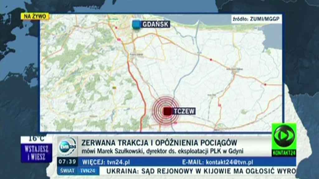 Zerwana sieć trakcyjna pod Tczewem 