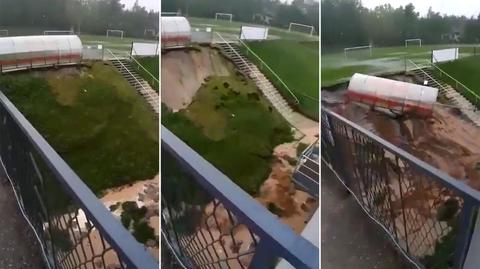 Heavy rainfall in southern Poland caused a landslide at a football pitch