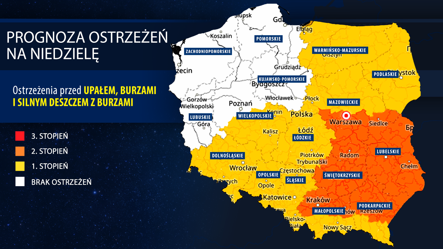 Prognoza ostrzeżeń meteorologicznych na niedzielę