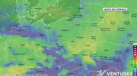 Prognozowane porywy wiatru w dniach 23-27.12