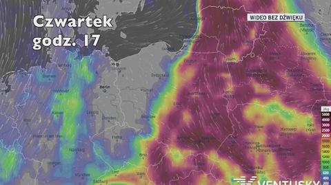 Potencjalny rozwój burz w ciągu najbliższych godzin (Ventusky.com)