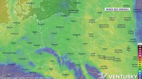 Prognozowane porywy wiatru w dniach 29.01-2.02