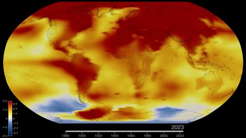 Wizualizacja pokazująca wzrost średniej temperatury na Ziemi w latach 1880-2023