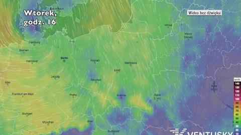 Prędkość porywów wiatru w najbliższych dniach (ventusky.com)
