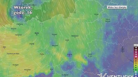 Prędkość porywów wiatru w najbliższych dniach (ventusky.com)