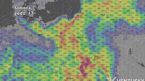 Potencjalny obszar rozwoju burz w ciągu najbliższych pięciu dni (Ventusky.com) | wideo bez dźwięku