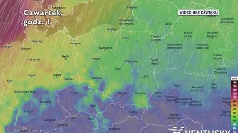 Prognozowane porywy wiatru w kolejnych dniach (Ventusky.com)