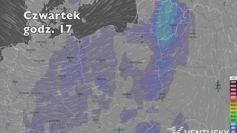 Prognozowane miejsca przejścia burz (Ventusky.com)