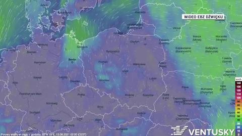 Prognozowane porywy wiatru w ciągu kolejnych dni (Ventusky)