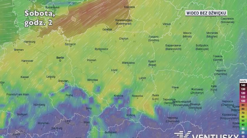 Prognozowane porywy wiatru w kolejnych dniach (Ventusky.com)