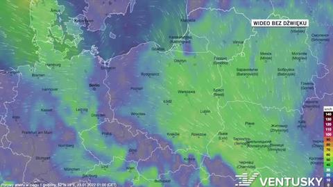 Prognozowane porywy wiatru w dniach 23-27.01