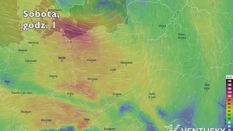 Prędkość porywów wiatru w kolejnych pięciu dniach (ventusky.com | wideo bez dźwięku)