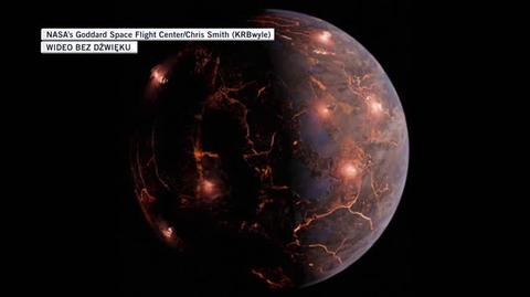 Artystyczna wizja egzoplanety LP 791-18 d. Animacja pokazuje wybuchy wulkanów i kłębiące się chmury