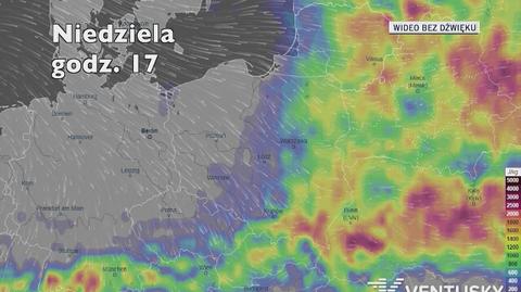 Miejsca, gdzie mogą występować burze (Ventusky.com)