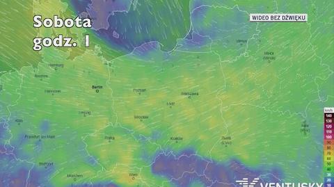 Prognozowane porywy wiatru na najbliższe dni (Ventusky.com)