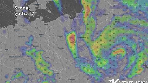Opady deszczu i potencjalny rozwój burz zaznaczony czerwonymi kropkami, w ciągu najbliższych pięciu dni  (Ventusky.com) | wideo bez dźwięku